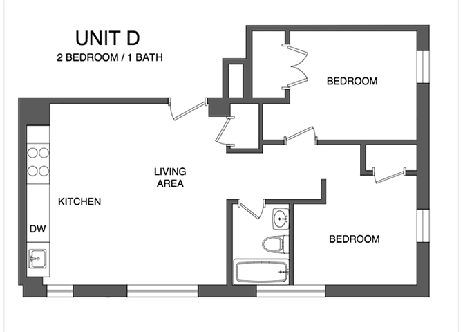 Floor plan for 2 beds, 1 bath, 625 sqft
